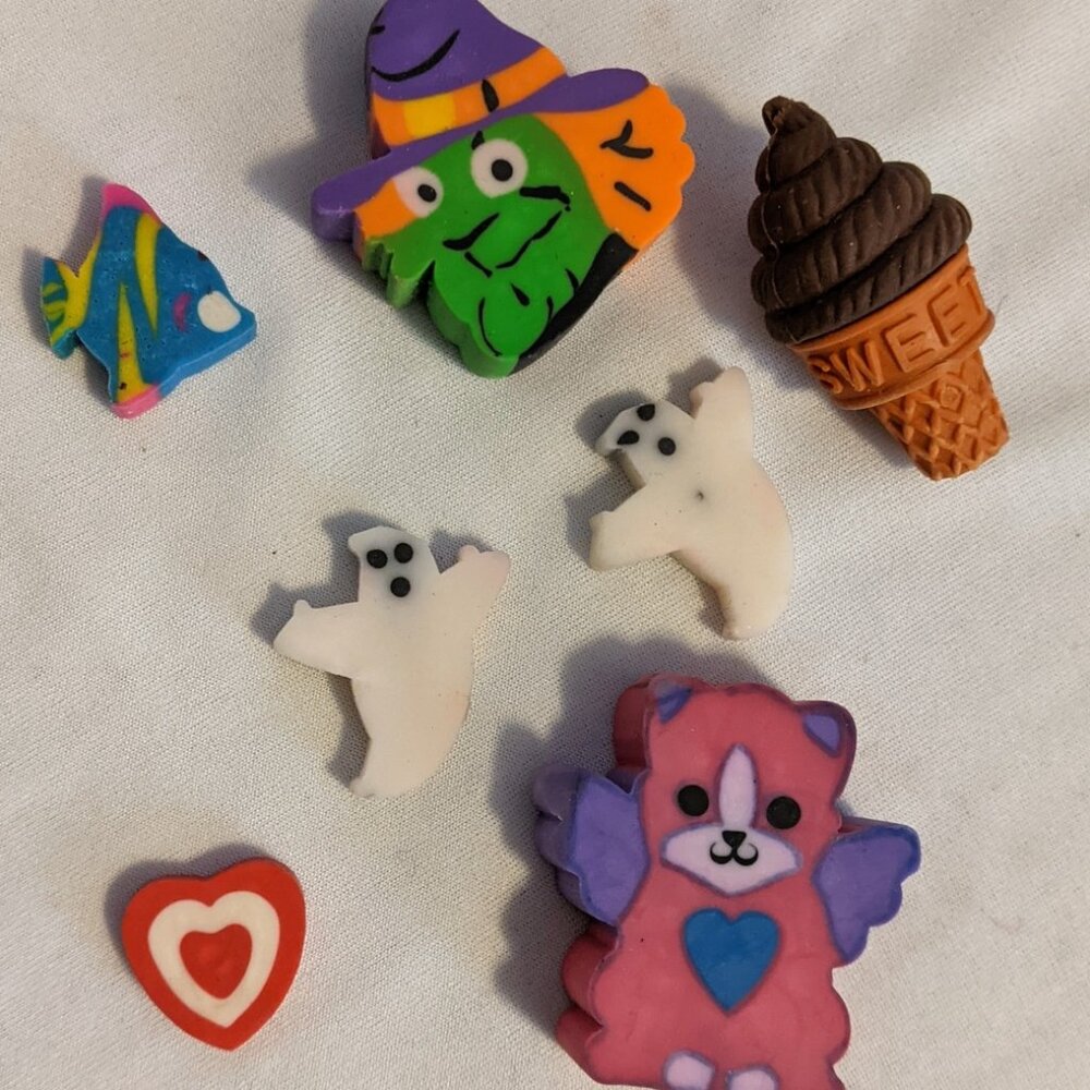 Vintage Y2K Novelty Mini Rubber Eraser Lot Of 7 Kawaii Collectible 2000s